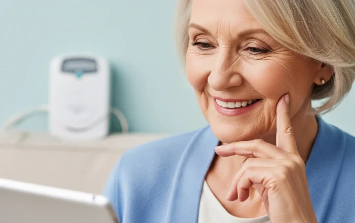 Smiling senior woman reading a tablet, representing scam prevention and independence with medical alert systems in Canada.