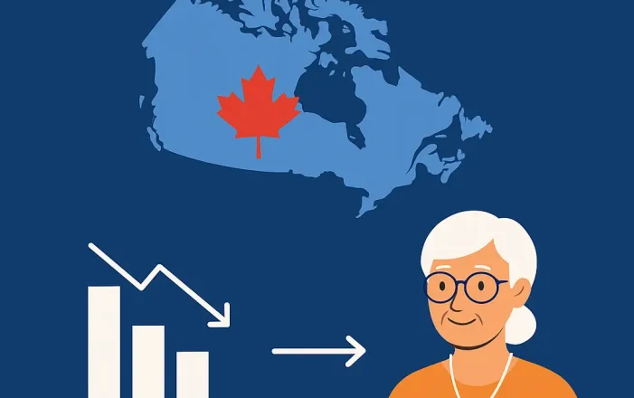 Infographic showing Canadian map, declining lifespan chart, and a senior woman wearing a fall detection pendant, representing the role of wearable medical alerts in senior independence.
