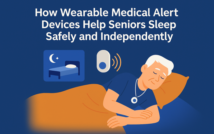 Senior man sleeping with a medical alert pendant, highlighting nighttime safety with Bedford’s wearable fall detection device.