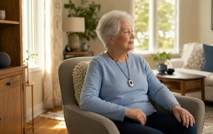 Smart speaker on a shelf and a senior wearing a medical alert pendant in a Canadian living room
