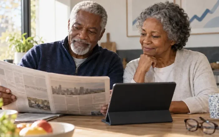 Senior couple at their kitchen table in Canada reading the newspaper and a tablet together.
