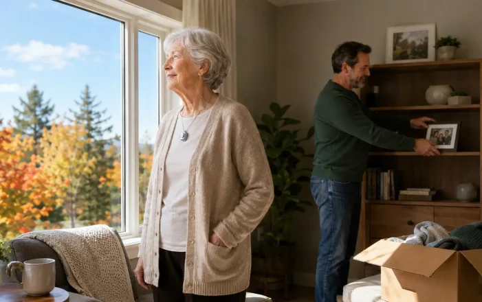 Elderly woman by the window of her new retirement residence room while her adult son places a framed family photo on the shelf