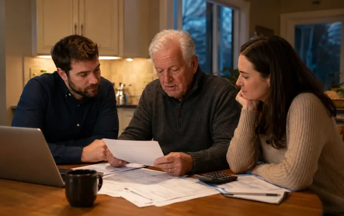 Adult children and their elderly parent reviewing care costs together at a kitchen table in Canada