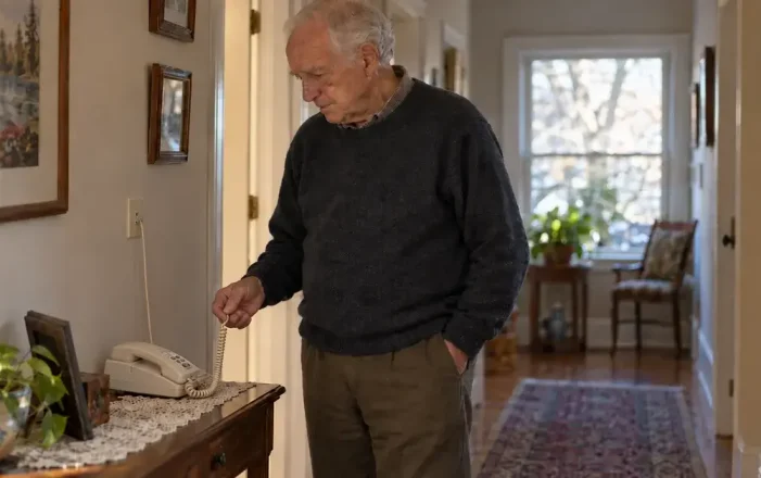 An older man in his home hallway holding the cord of a corded telephone on a side table