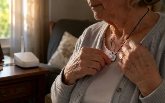 Senior woman adjusting a medical alert pendant necklace at home in Canada