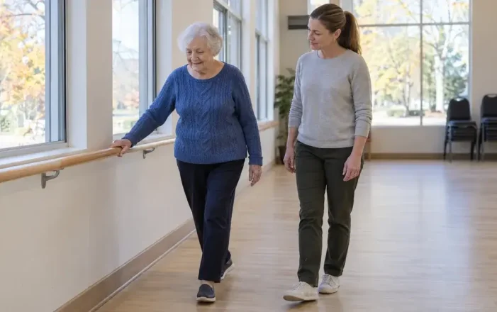 Senior woman practising balance exercises with a physiotherapist at a community centre.