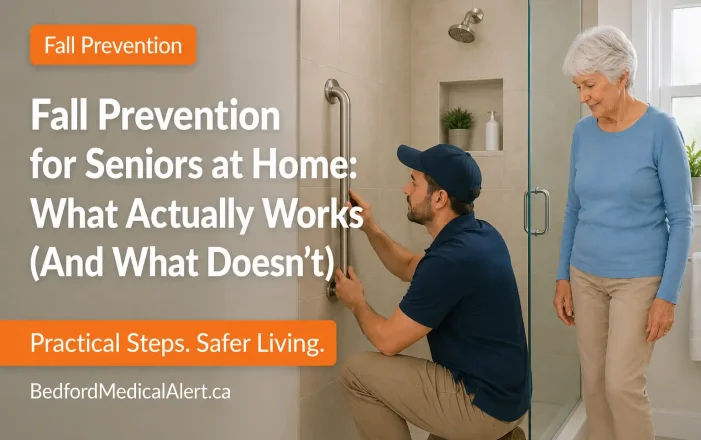 Senior woman watching an installer add a grab bar in her shower for fall prevention at home.