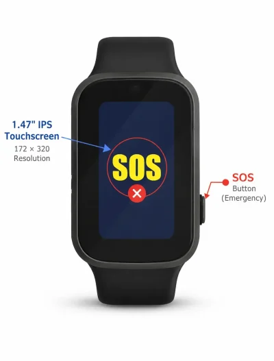 Go Anywhere Smartwatch for seniors in Canada showing 1.47 inch IPS touchscreen and SOS emergency button