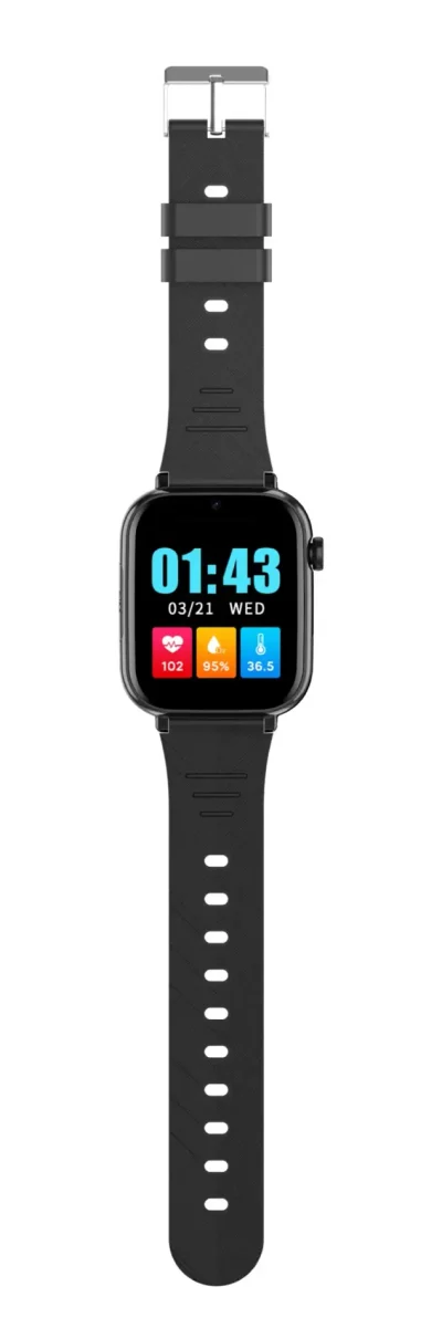 Full view of the black Go Anywhere Smartwatch for seniors with its silicone strap unfastened, screen showing time, date, and health readings