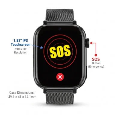 Black Go Anywhere Smartwatch for seniors in Canada with a mesh band displaying the SOS emergency alert screen, labelled with its 1.83 inch touchscreen, SOS button, and case dimensions