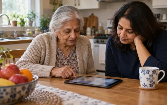 A South Asian-Canadian grandmother and her adult daughter looking at a tablet together at a kitchen table