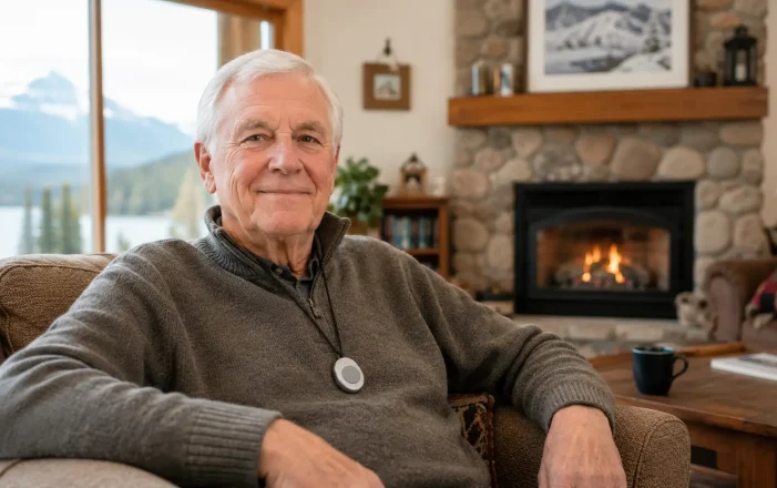Canadian senior at home wearing a Bedford Medical Alert pendant, a local alternative to Life Alert.
