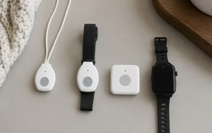 Four medical alert button styles used in Canada, a pendant, a wristband, a wall button and a watch, arranged side by side