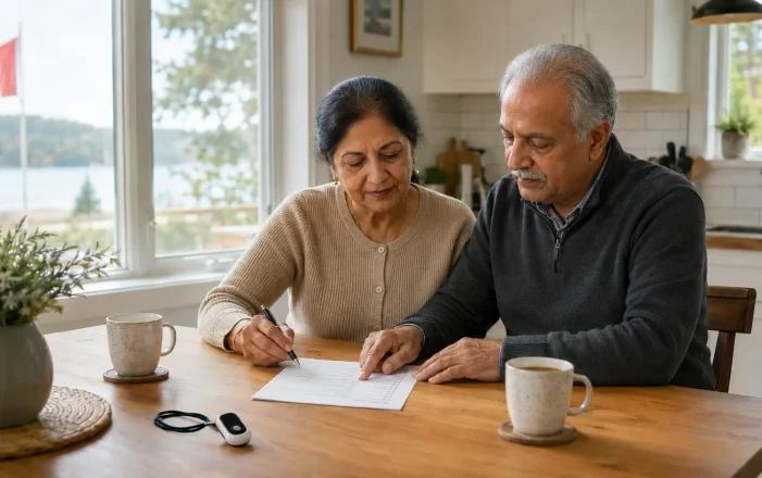 Canadian senior couple reviewing medical alert system costs and coverage at home