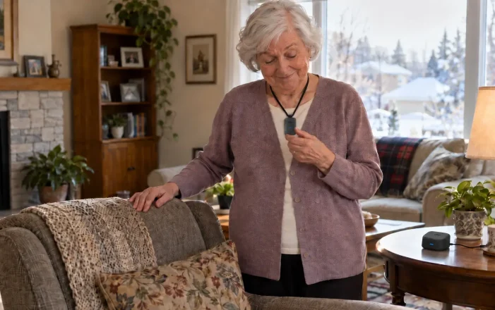 Senior woman standing in her living room holding a medical alert pendant after an accidental press.