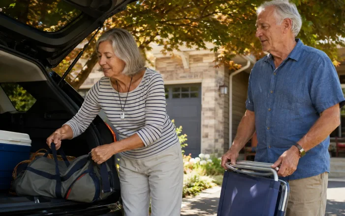 Canadian senior couple packing the car for a road trip wearing a mobile medical alert