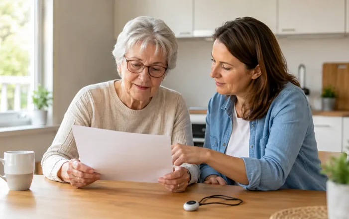 Canadian senior reviewing a no-contract medical alert system agreement at home with family