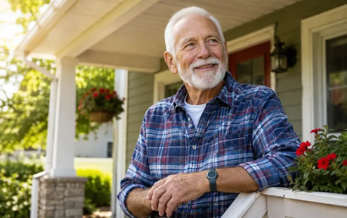 Canadian senior wearing a medical alert watch on the wrist while out for a walk