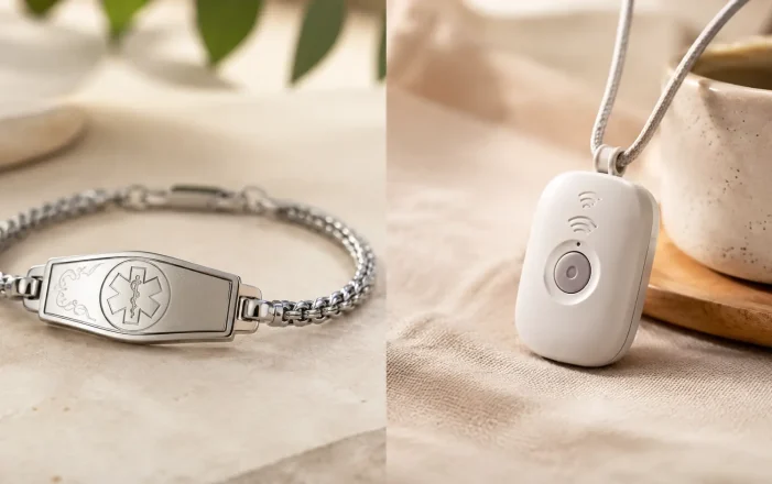 Medical ID bracelet next to a monitored medical alert pendant showing the difference for Canadian seniors