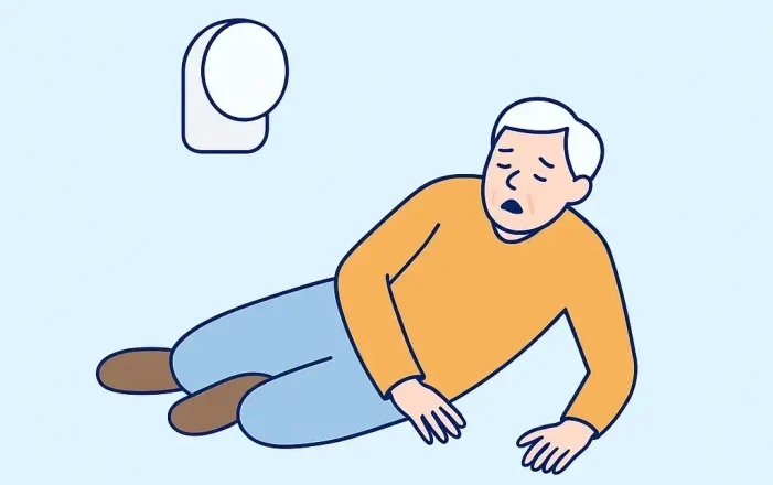 Illustration of a senior who has fallen at home, with a wall-mounted radar sensor detecting the fall