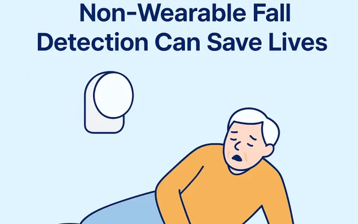 Elderly man on the floor with a non-wearable fall detection device above him. Text reads: Why Falls Are Deadly for Seniors – And How Non-Wearable Fall Detection Can Save Lives.