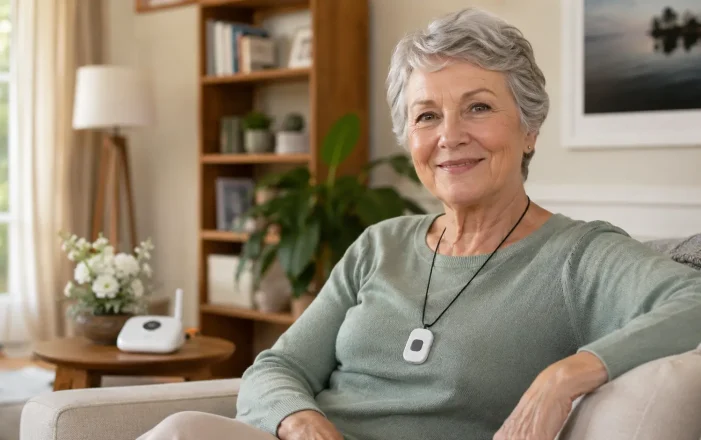 Canadian senior at home wearing a personal emergency response system help-button pendant