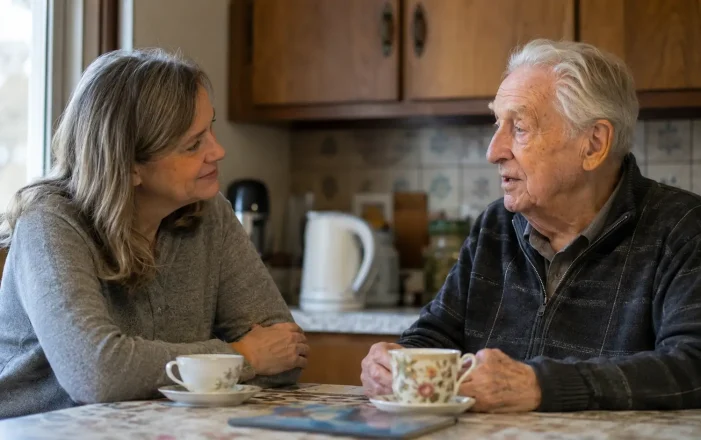 Adult daughter listening to her aging father over tea at his kitchen table in a Canadian home.
