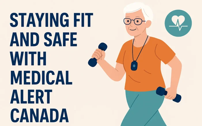 Illustration of an older adult staying fit in Canada, supported by a medical alert device for safe aging in place.