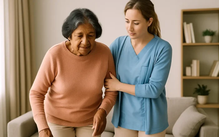 Caregiver helping a senior man up after a fall in a home setting - lift assist support and safety tips in Canada.