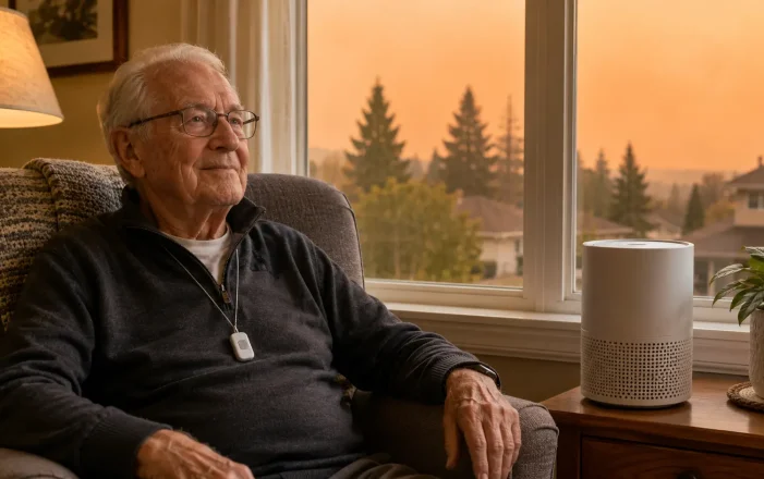 Canadian senior resting safely indoors while wildfire smoke haze fills the sky outside the window